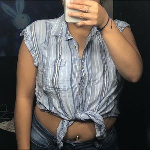 White and blue striped button up crop top